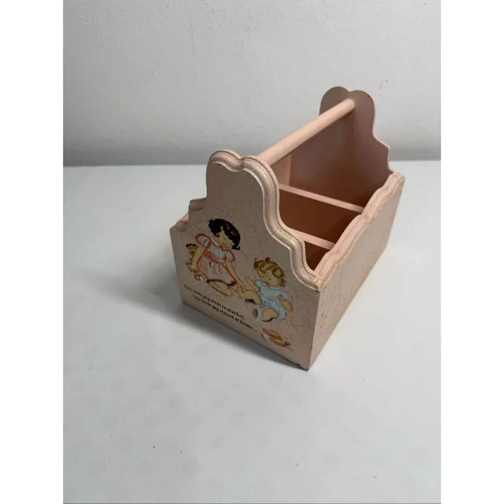 Wood Box Hand Painted Tool Box Folk Art Desk Caddy Ethnic Home Decor Pink